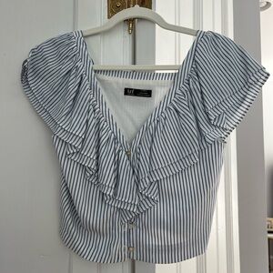 ZARA short sleeve stripped button down with ruffle detail